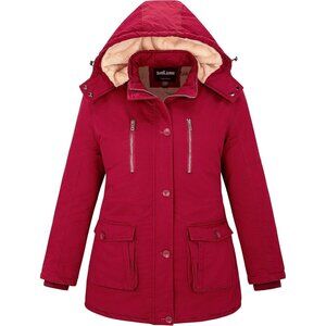 Women's Detachable Red Hood Jacket Coat Fleece Lined Button Closure Designed